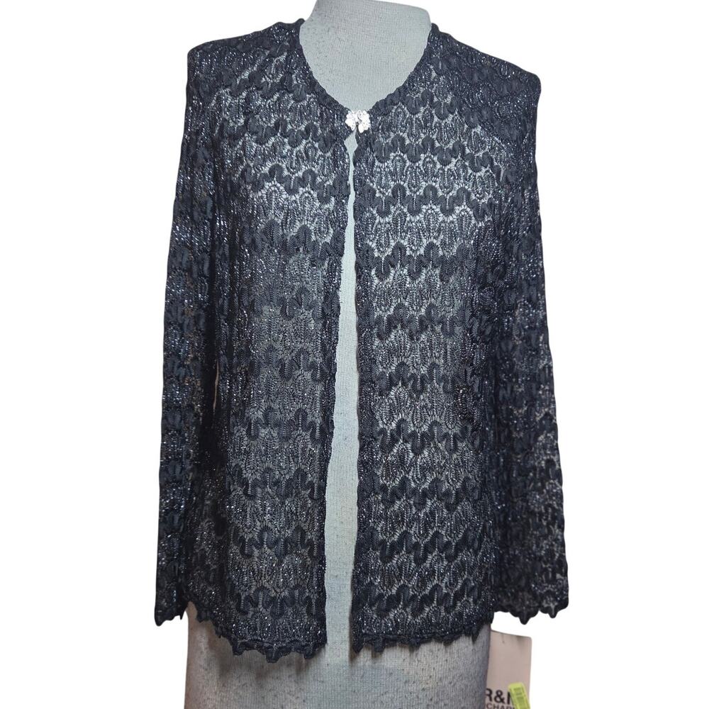Sheer Open Front Black Metallic Knit Cardigan Size 12 New with Tags